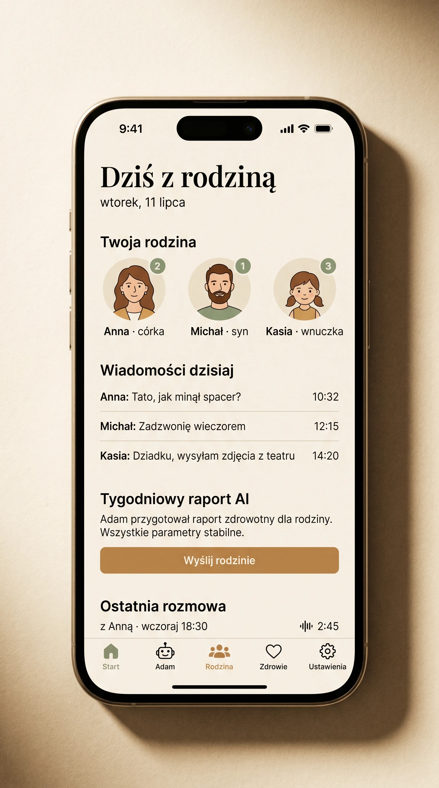 Ekran Dziś z rodziną · lista wiadomości od córki, syna i wnuczki