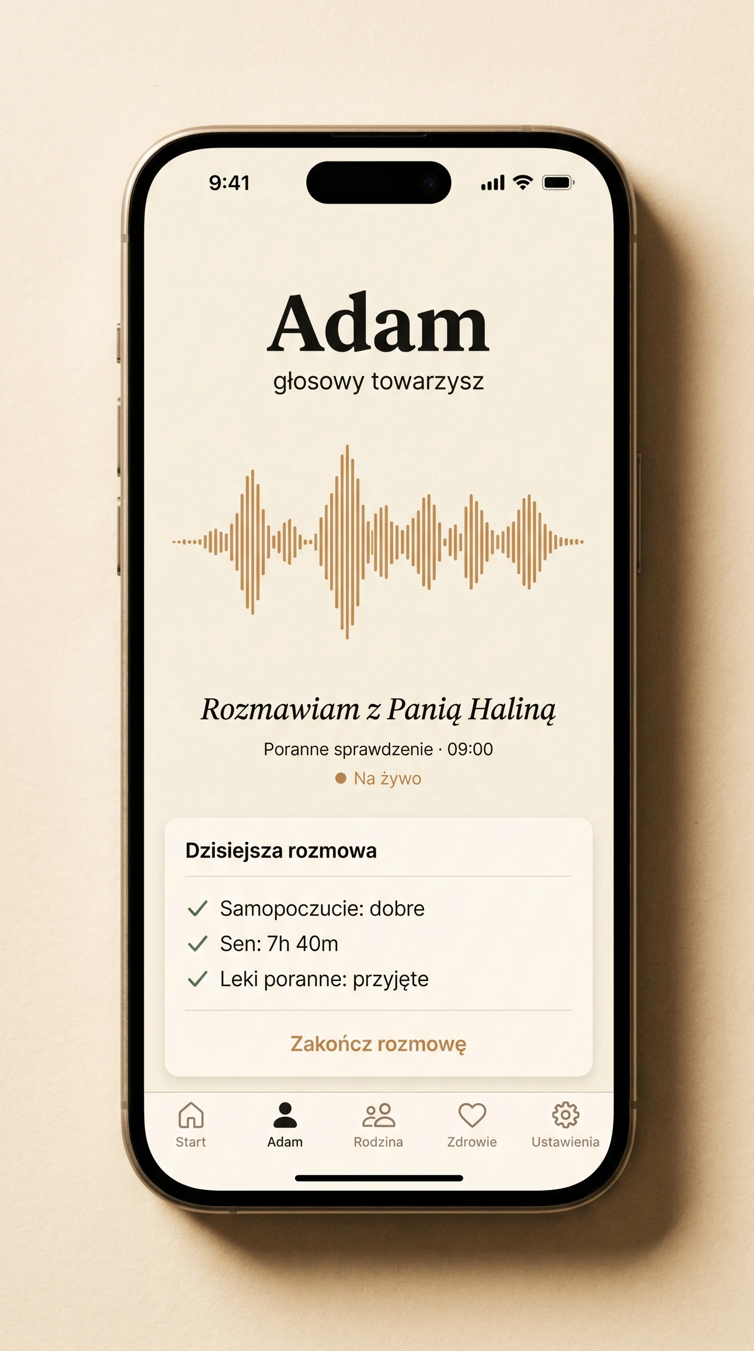 Ekran Adama · głosowy towarzysz, waveform rozmowy z Panią Haliną