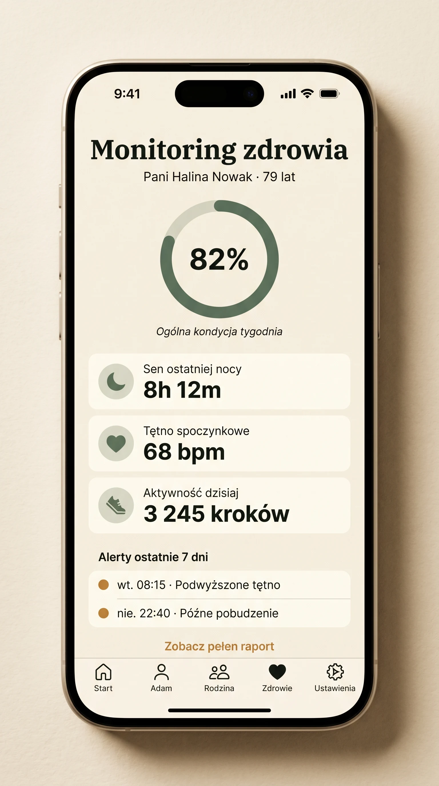 Ekran Monitoring zdrowia · sen, tętno, kroki, alerty semafor