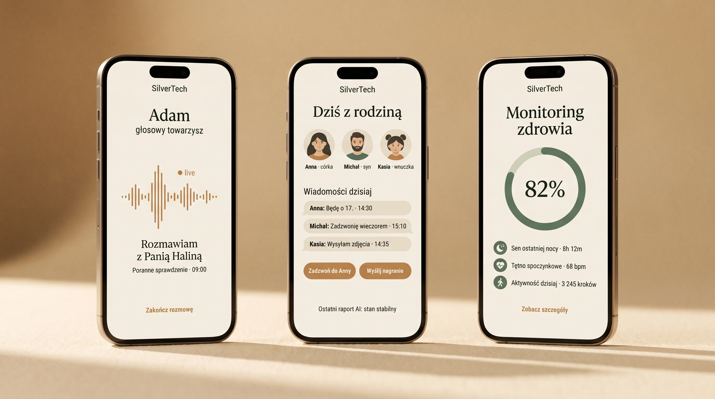Trzy ekrany aplikacji SilverTech · Adam, Dziś z rodziną, Monitoring zdrowia